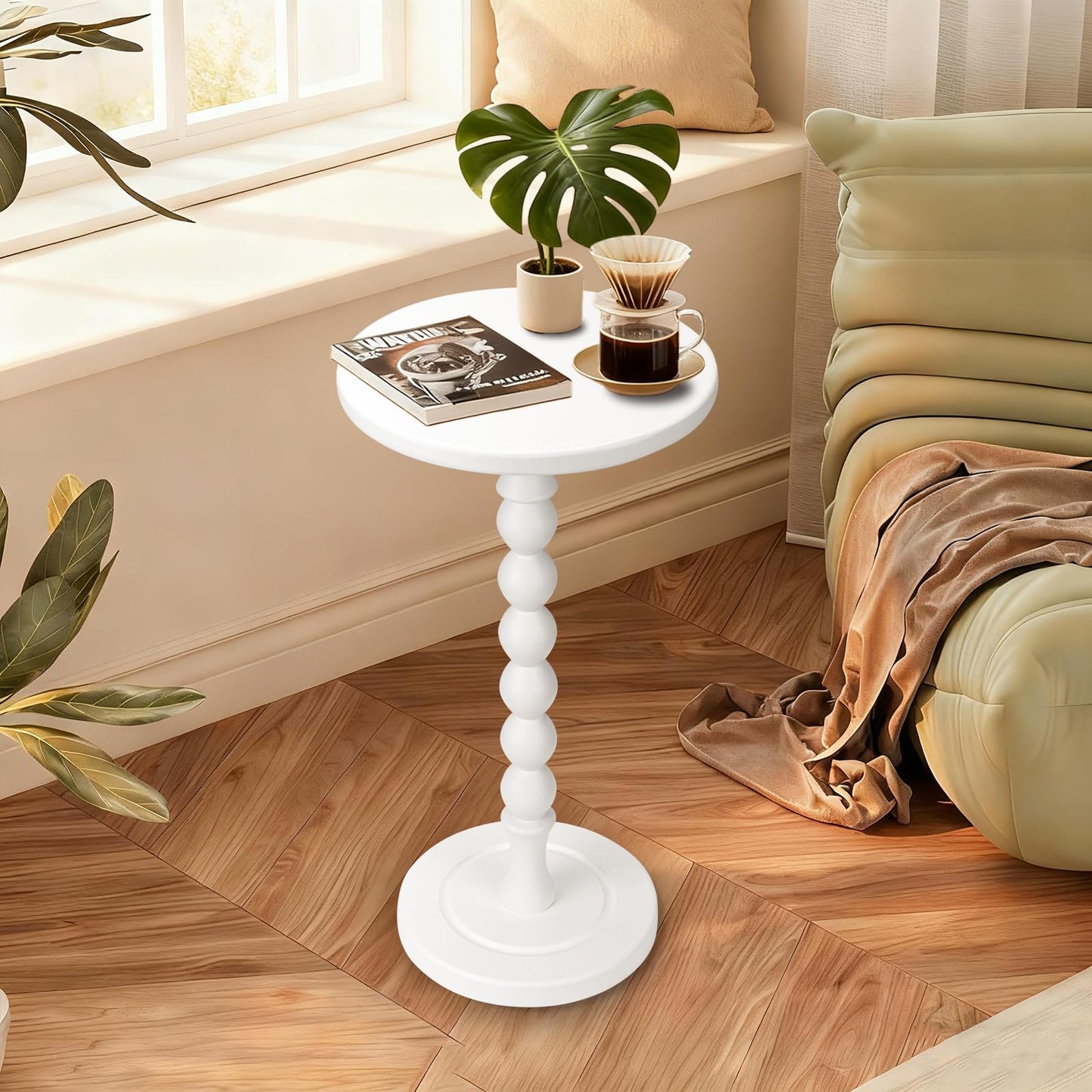 Lampaggio Round Side Table for Small Spaces, Drink Table with Oak Wood Pedestal, Modern End Table Nightstand for Living Room, Bedroom, Office