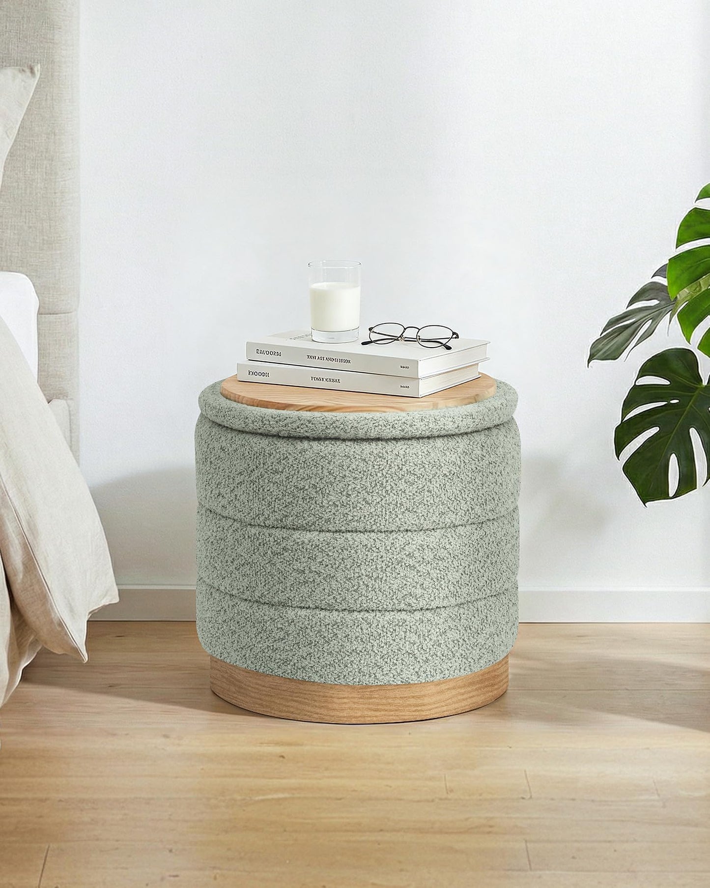 Bonlife Round Chenille Storage Ottoman, Folding Footstool with Table Top, 39X39X37cm, Load Capacity 120kg