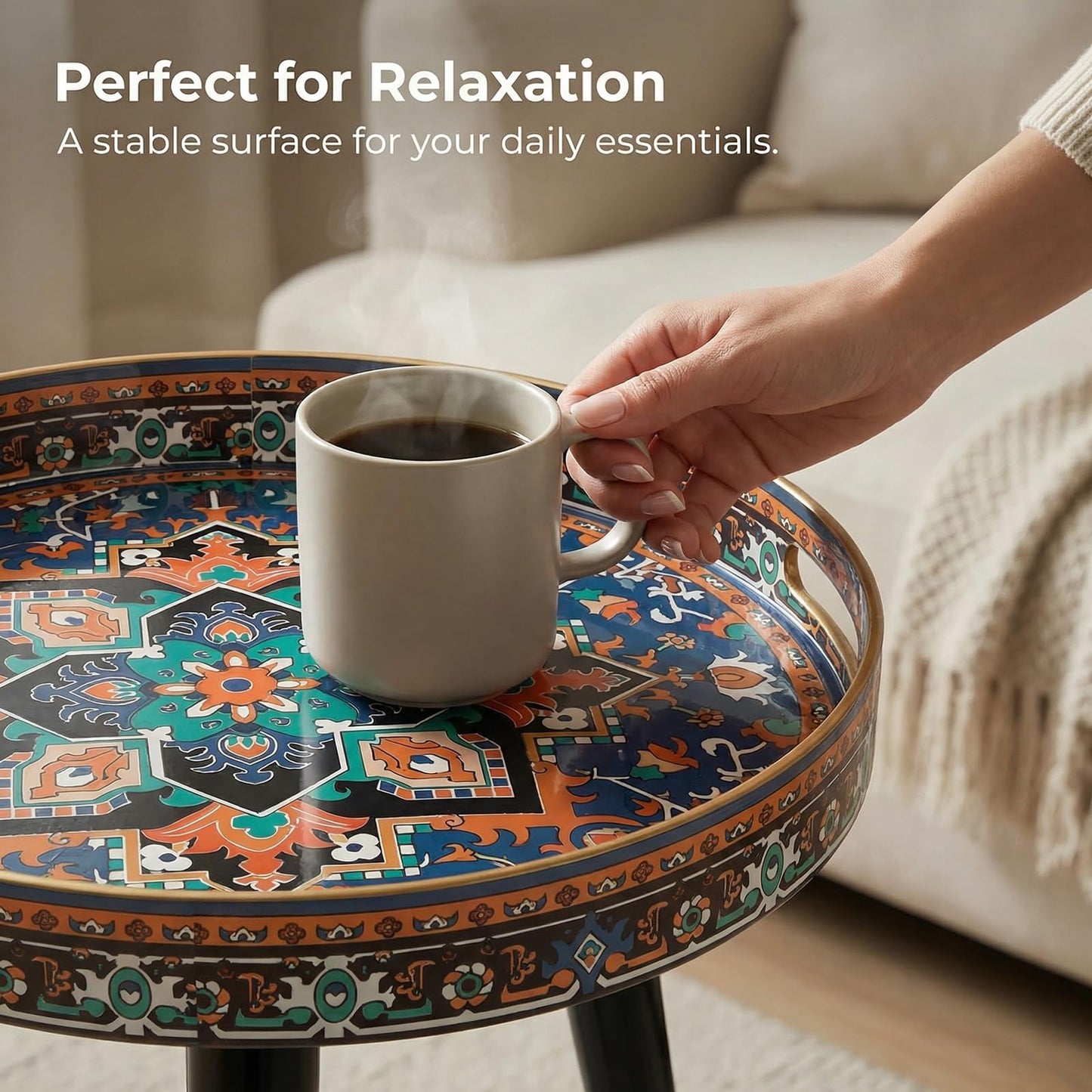 Simmer Stone Round Indoor Side Tables with Detachable Wooden 3 Legs, Versatile Tray Table, Perfect For Round Coffee Table Tea