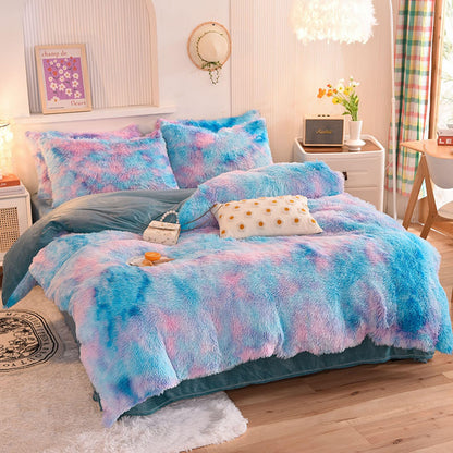 ZIQINPSQ Plush Shaggy Duvet Cover Set,Tie Dye Faux Fur Bedding Set for Teens Girls Soft Velvet Fluffy Fuzzy Comforter Cover Bed Set (Blue, Single)
