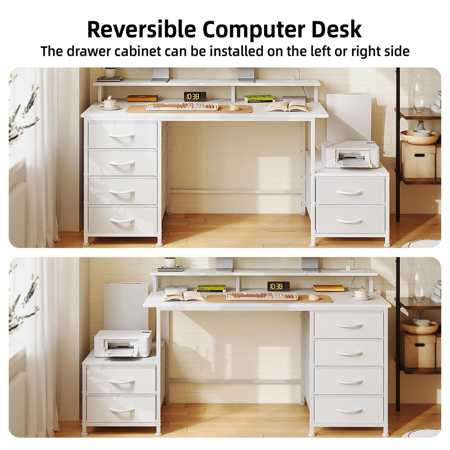 Flrrtenv 128cm Desk with Fabric File Cabinet, Computer Desk with Shelves and Drawers, Writing Table with Monitor Stand