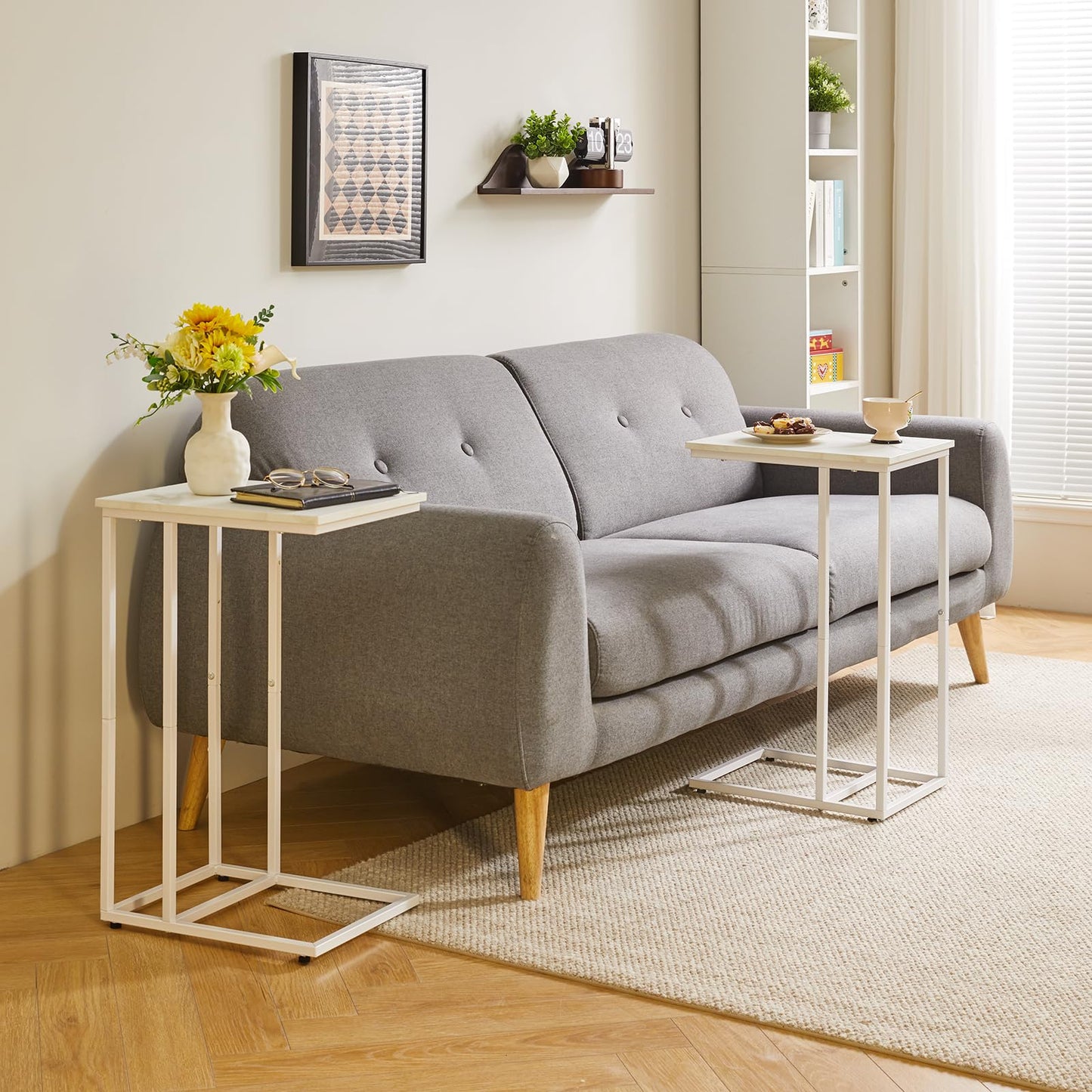 Aibiju Set of 2 Sofa Side Table,C Shaped End Table, Snack Coffee Laptop Desk with Metal Frame for Office, Living Room, Bedroom, White Faux Marble and