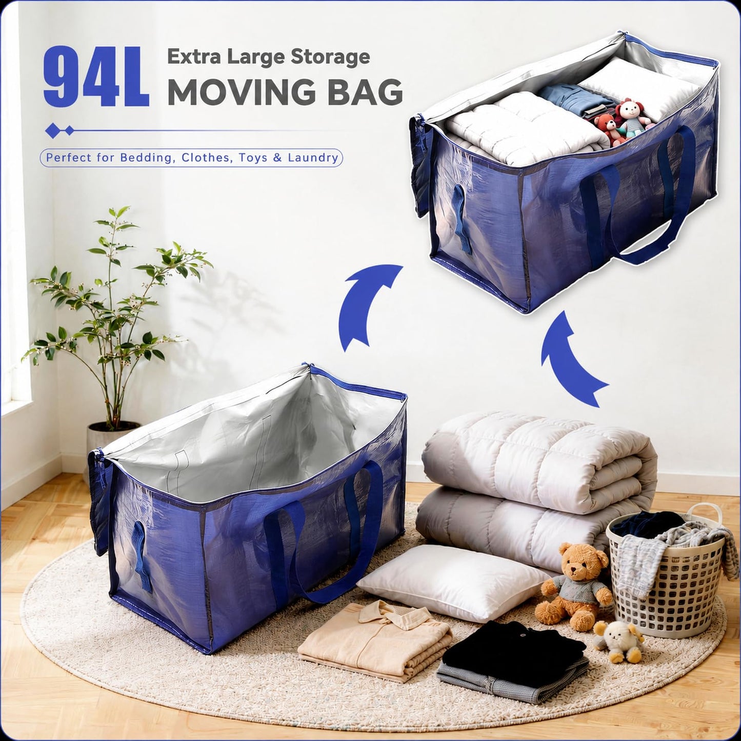 Tapwish 94L Extra Large Heavy Duty Storage Bags with Zips, Blue, 6 Pack