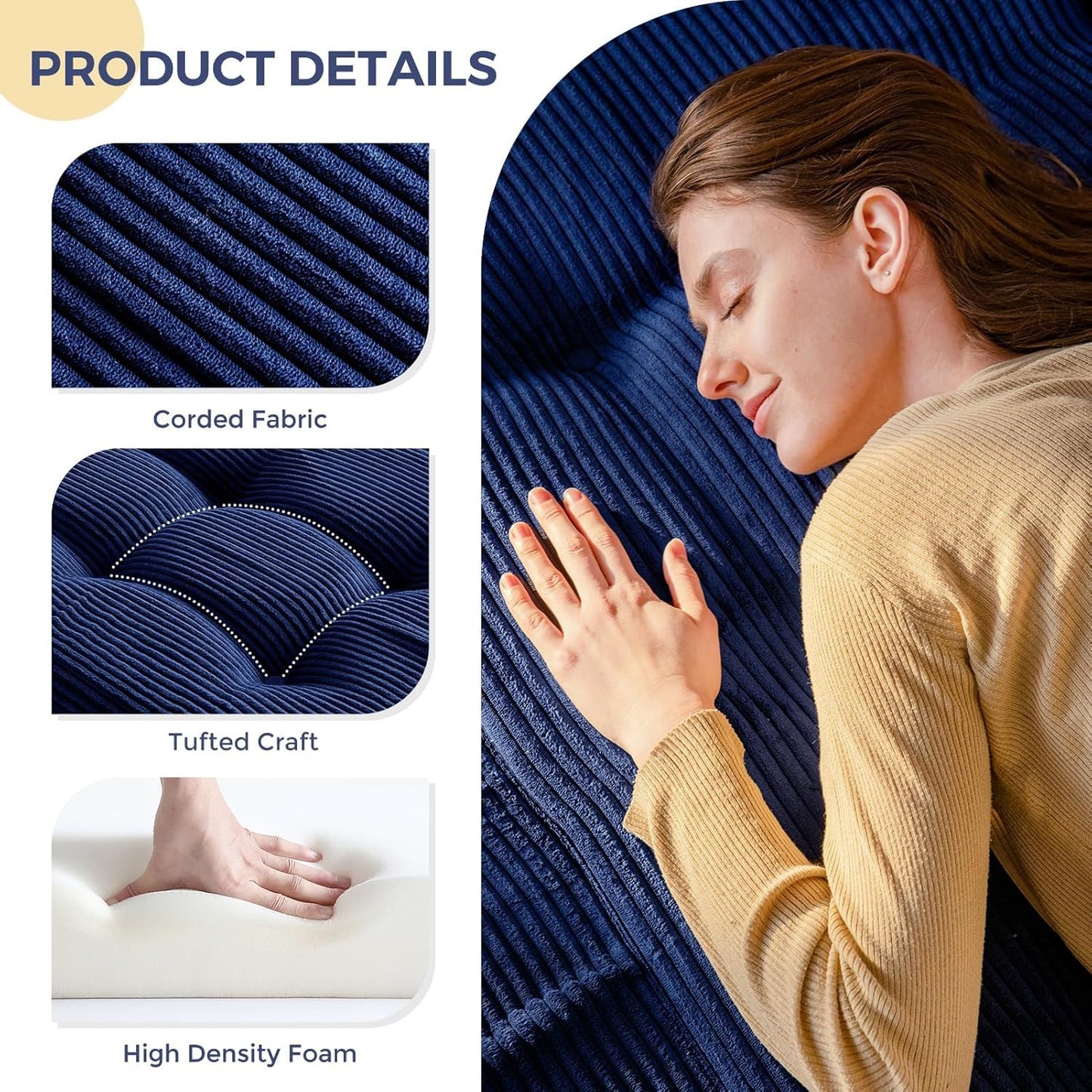 MAXYOYO Folding Mattress, Comfy Corduroy Foldable Mattress with 15cm Thicken Foam, Tri-Fold Floor Futon Sofa Bed for Guest,Dark blue,Single