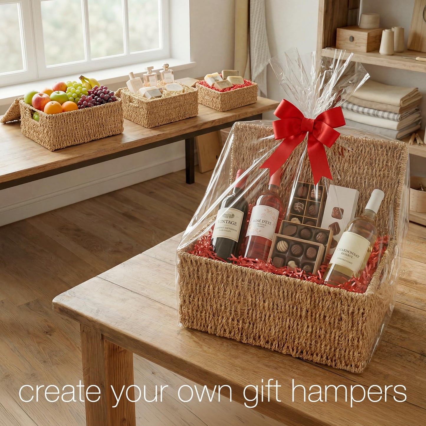 Woodluv Storage Boxes with Lids, Woven Natural Seagrass, Nesting Storage Baskets for Shelves, Gift Hamper Basket