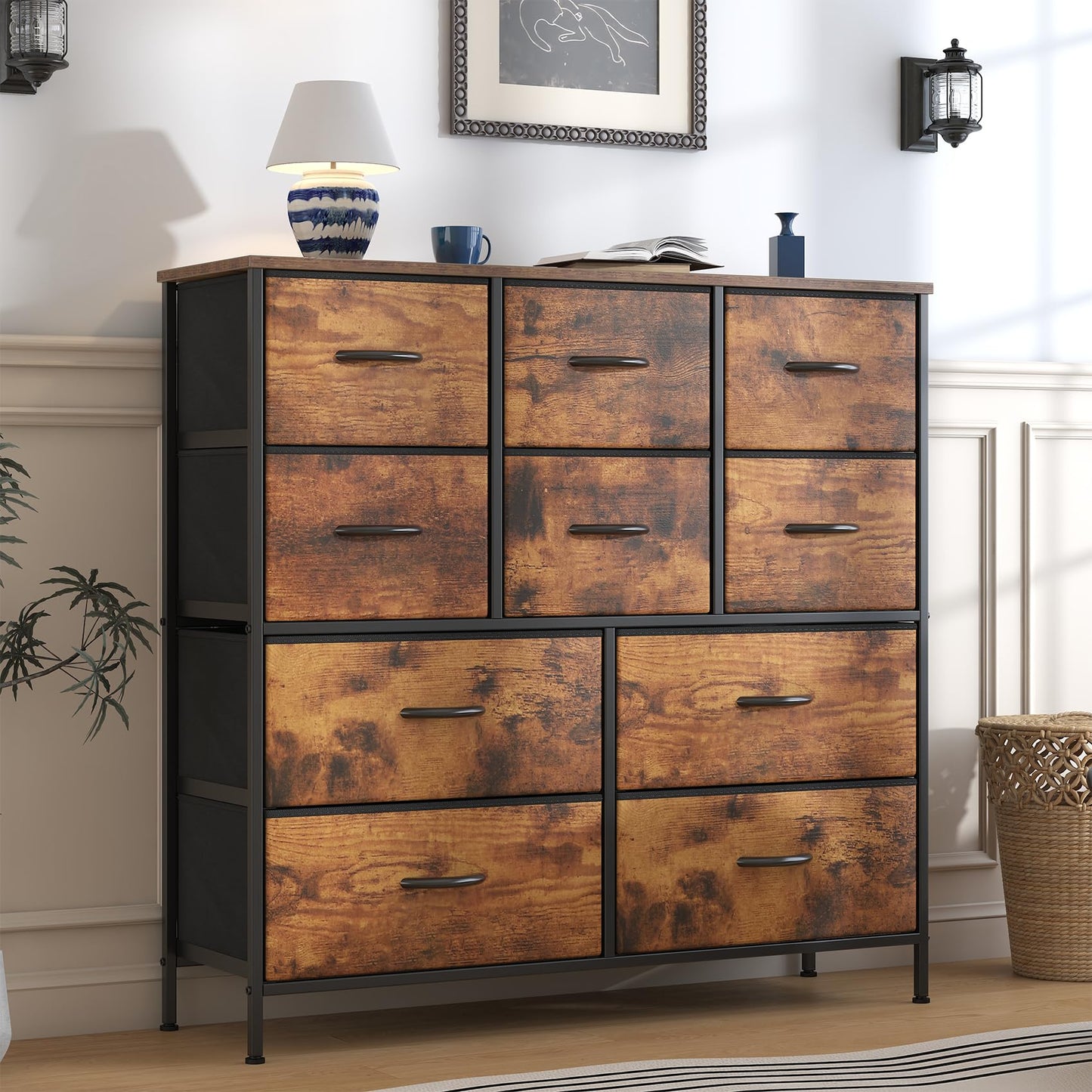 GoaHi Chest of Drawers, Large Dressers with Metal Frame and MDF Wooden Top Board, Adjustable Feet, Anti-Tip Safety