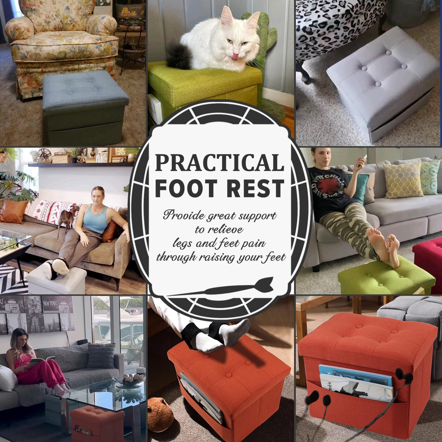 LINMAGCO Storage Ottoman Folding Foot Stool Foot Rest with Side Pocket Modern Ottoman with Storage Short Sofa Stool Linen Cloth 17x13x13(Dark Gray)