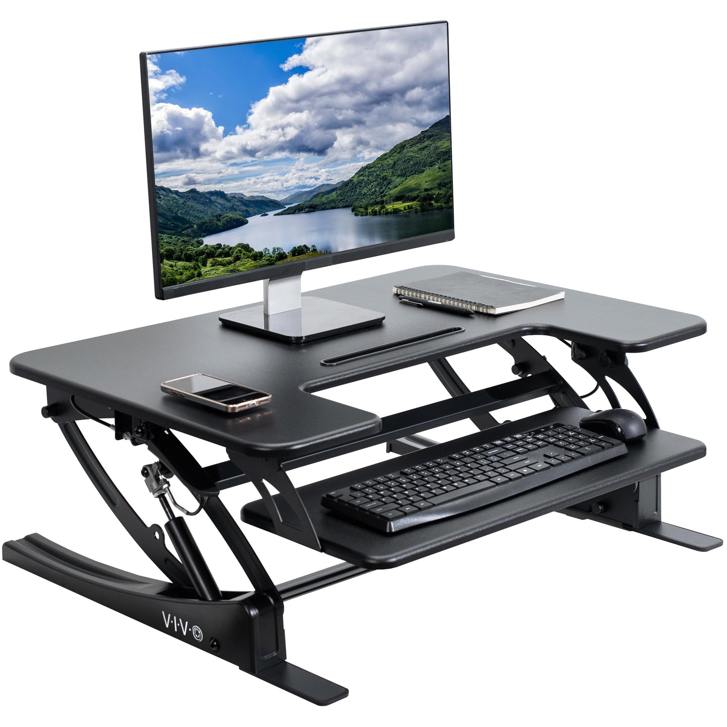 VIVO Black Height Adjustable 81 cm Stand Up Desk Converter, Quick Sit to Stand Tabletop Dual Monitor Riser Workstation, DESK-V000VS