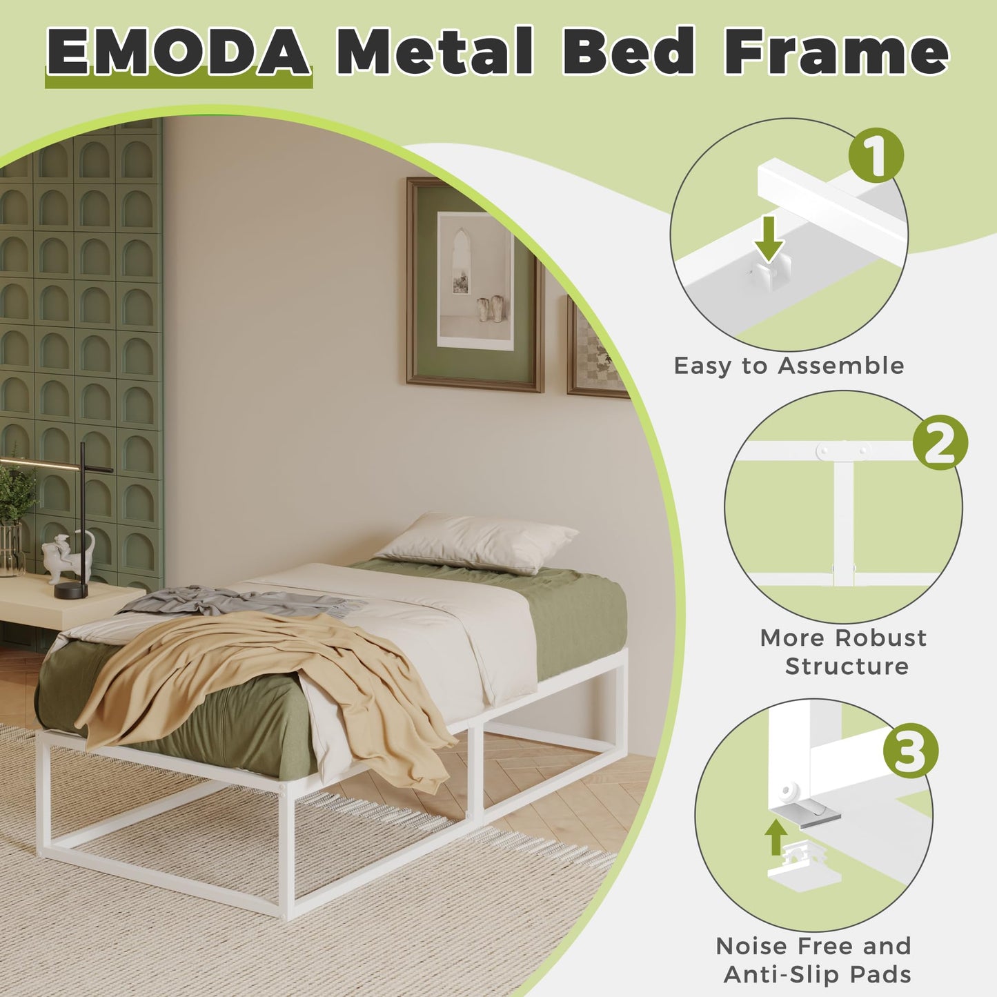 EMODA 3ft Single Bed Frame 36cm High with Steel Slats Support, White
