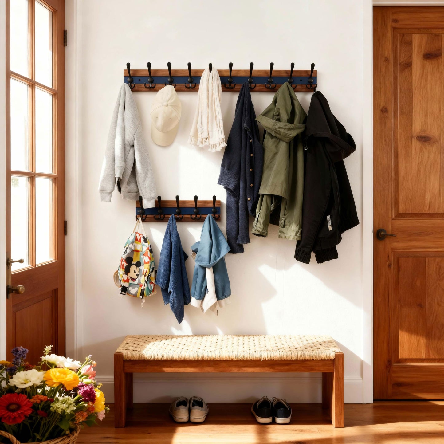 SKOLOO Rustic Wall Mounted Coat Rack - 38-1/8" Long Coat Hooks for Wall with 10 Triple Hooks for Hanging Coats, Hats or Tools