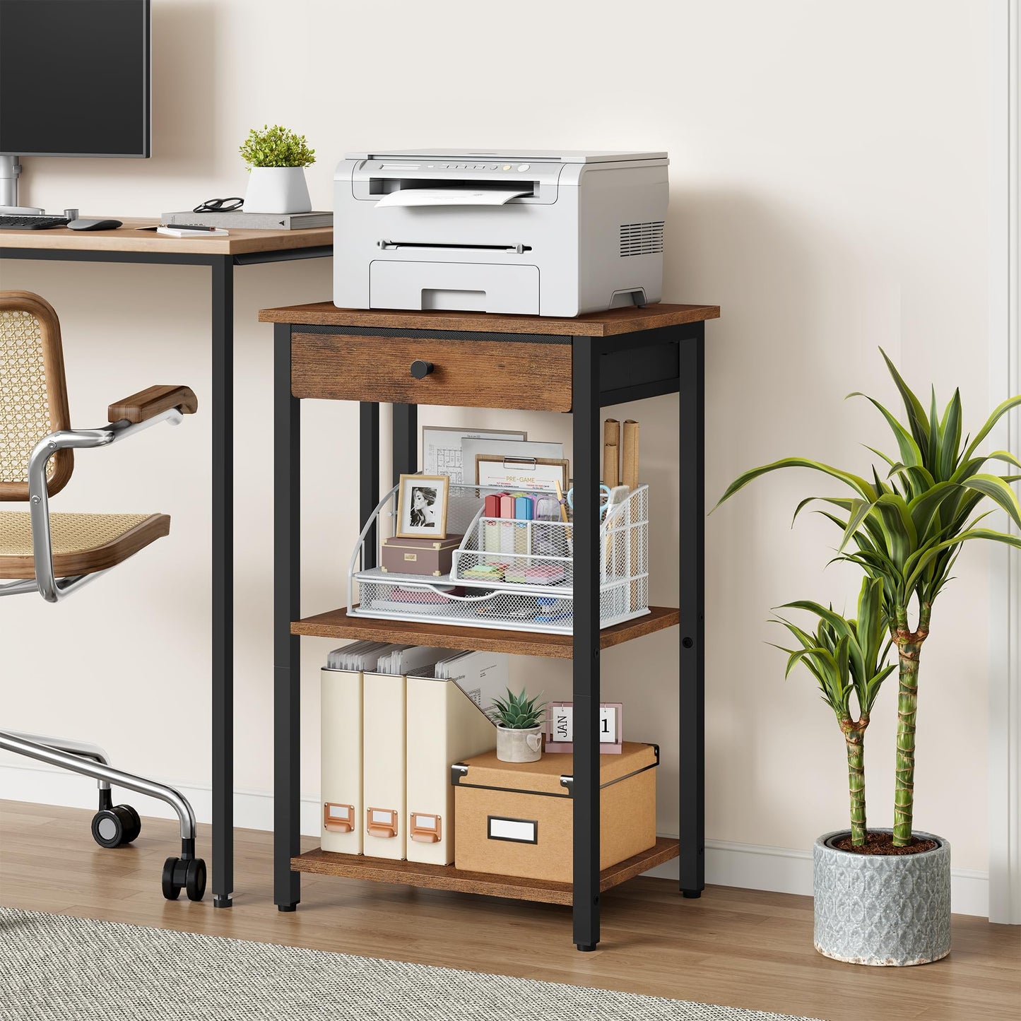 Gewudraw Printer Stand, 3 Tier Printer Shelf with Drawer for Home Office