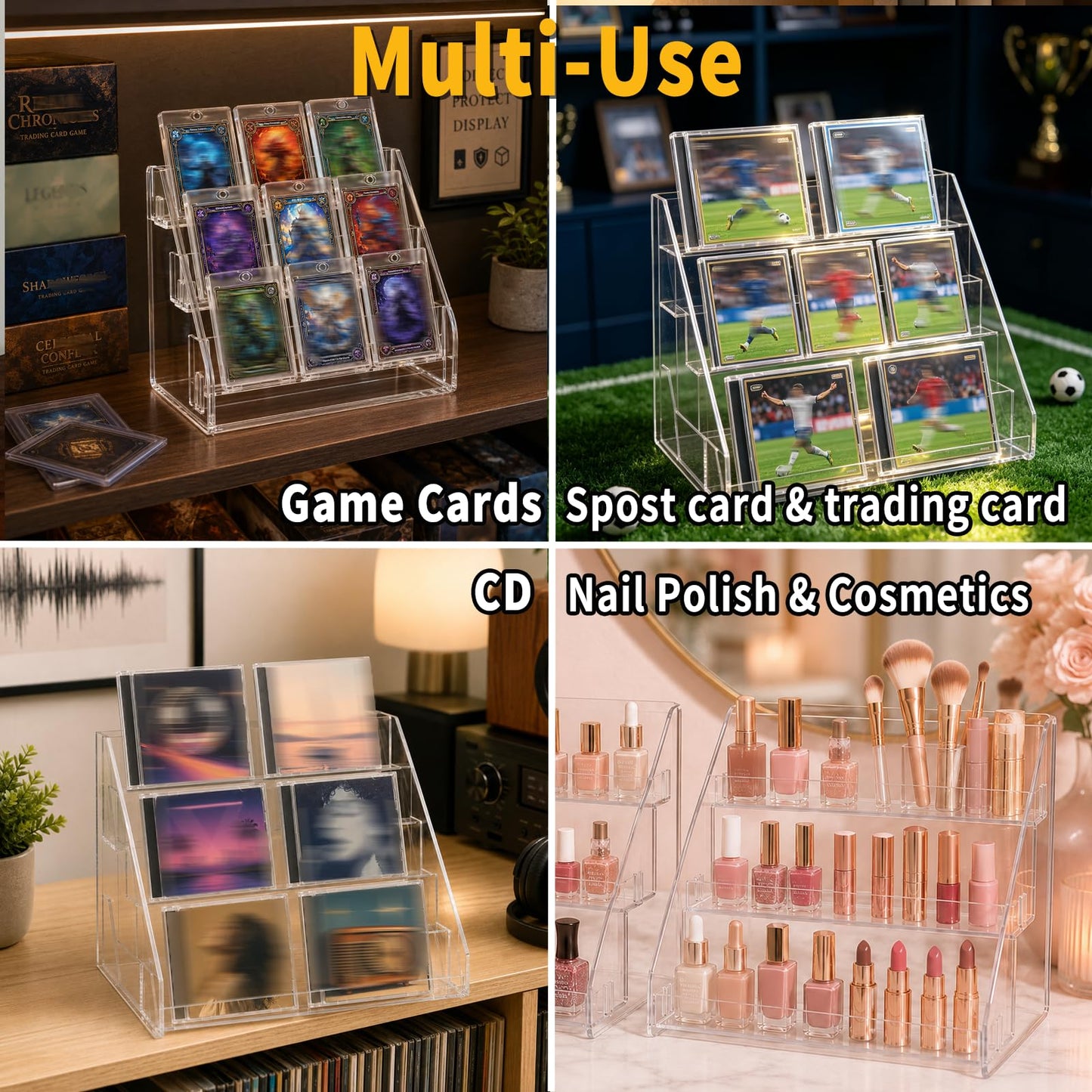 Oncpcare 3-Tier Transparent Trading Card Display Stand – Vertical PET Rack for Toploaders, Magnetic Holders, Collectible and Standard Card Slabs