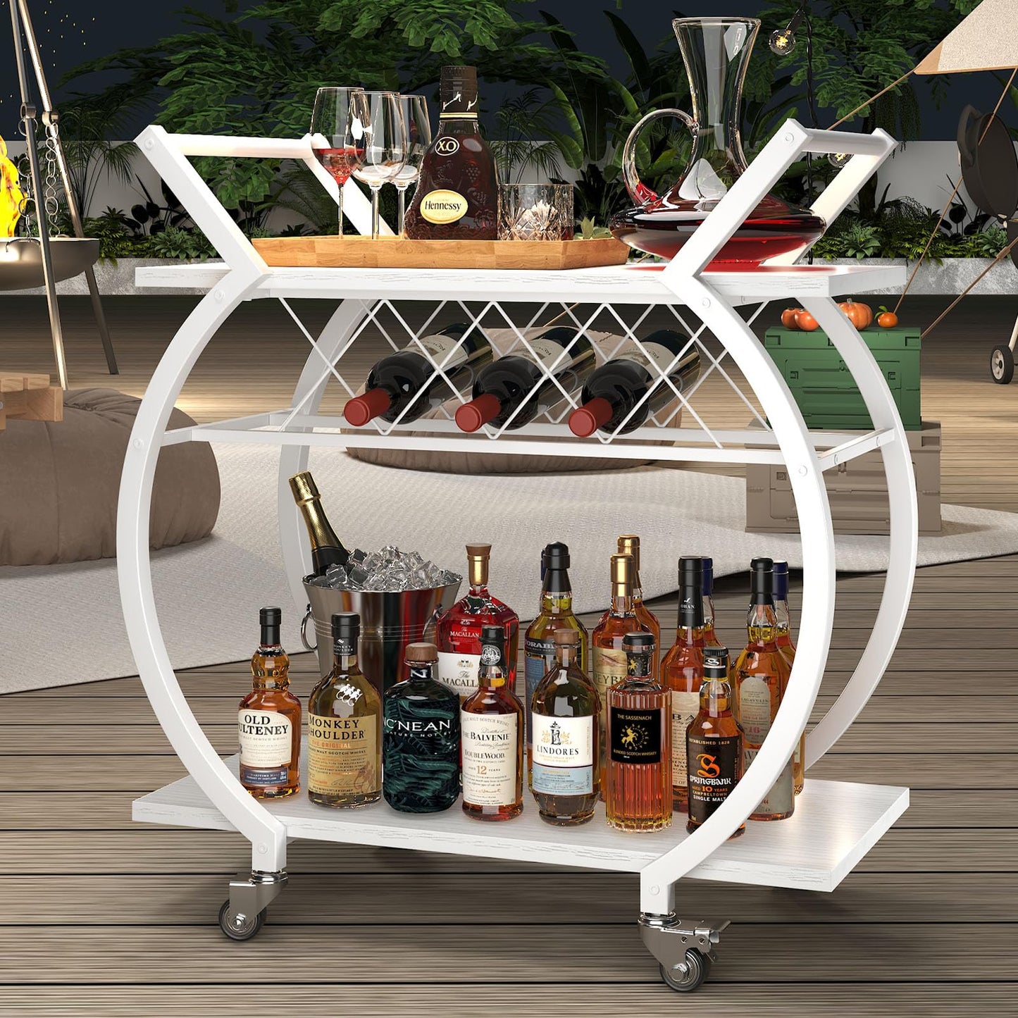 LVB White Drinks Trolley, 2 Tier Rolling Bar Cart, Modern Serving Trolley on Lockable Wheels, Wine Cart with Storage Shelves, Wine Holders
