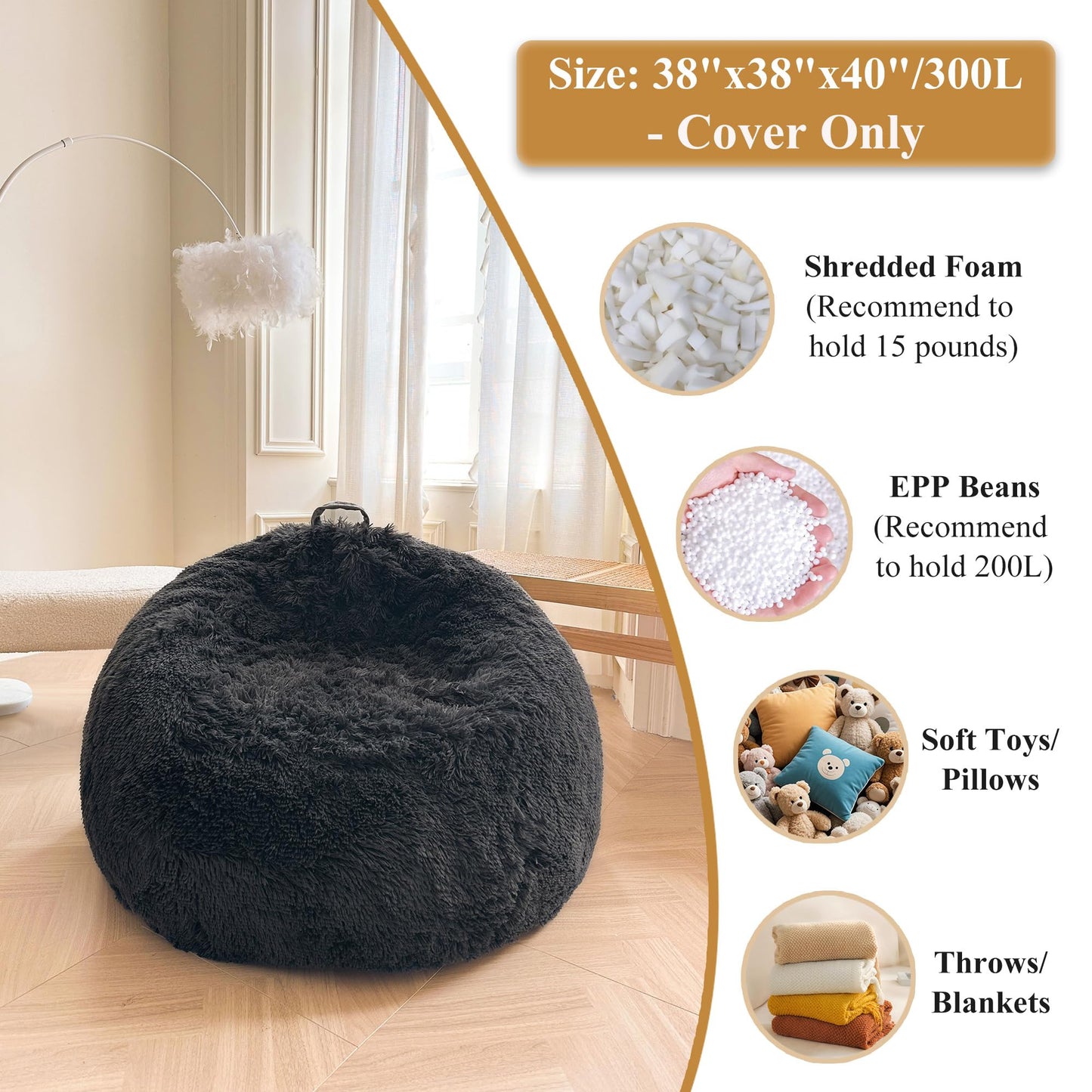 XeGe Fluffy Stuffed Animal Storage Bean Bag Cover(No Filler), Dark Grey