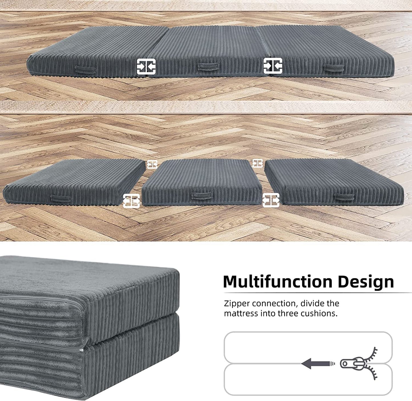 MeMoreCool Tri Folding Floor Mattress 190x75cm, 10cm Thick Foam Foldable Futon Mattress with Washable Cover, Portable Guest Bed Mat for Travel