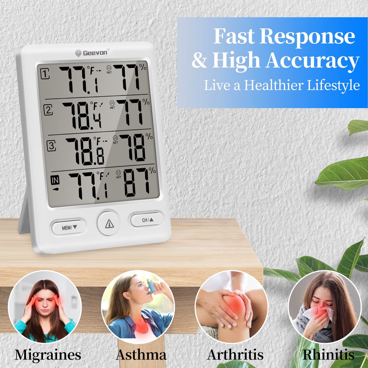 Geevon Indoor Outdoor Thermometer Wireless with 3 Remote Sensors, Digital Hygrometer Indoor Thermometer, Temperature Humidity Monitor Gauge with