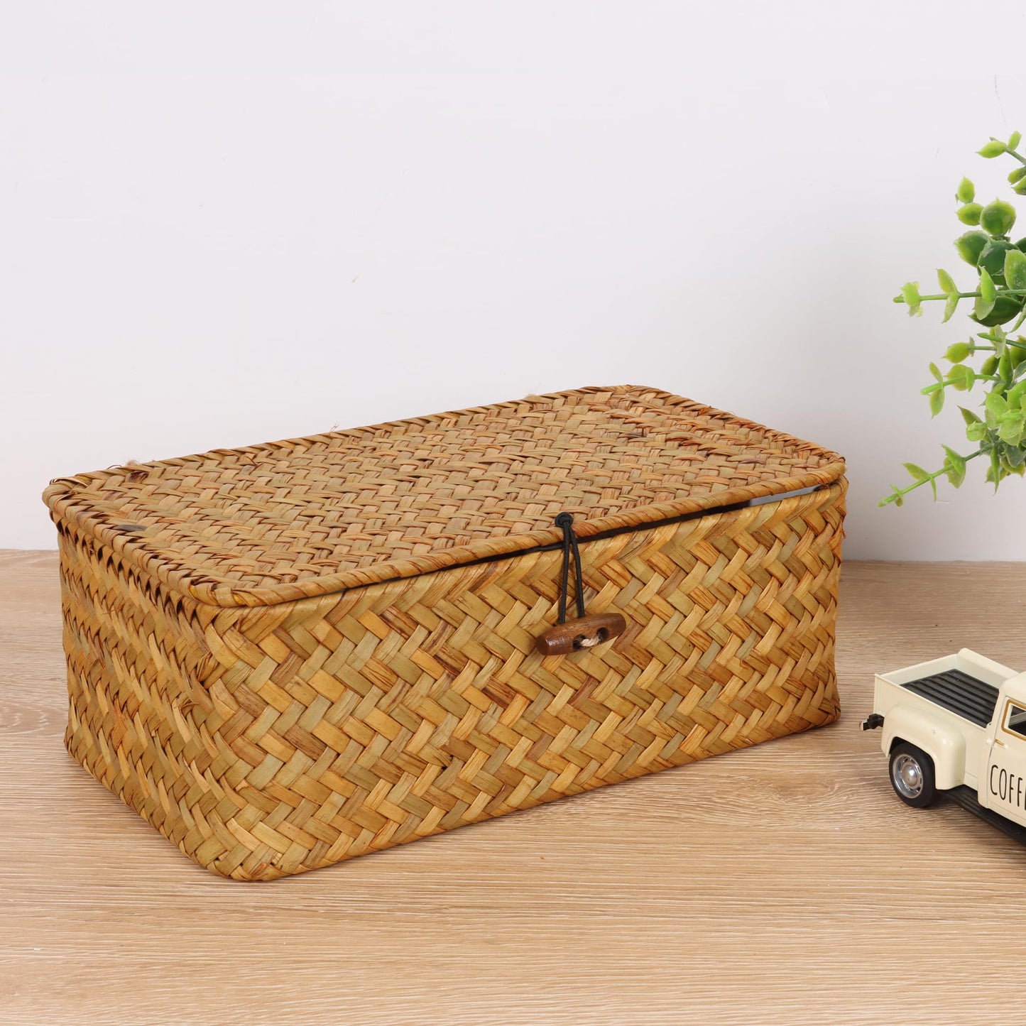 FEIALNDUO Wicker Shelf Baskets with Lid,Seagrass Storage Basket Bins Rectangular Handwoven Basket Boxes for Shelves Desktop Home Organizer