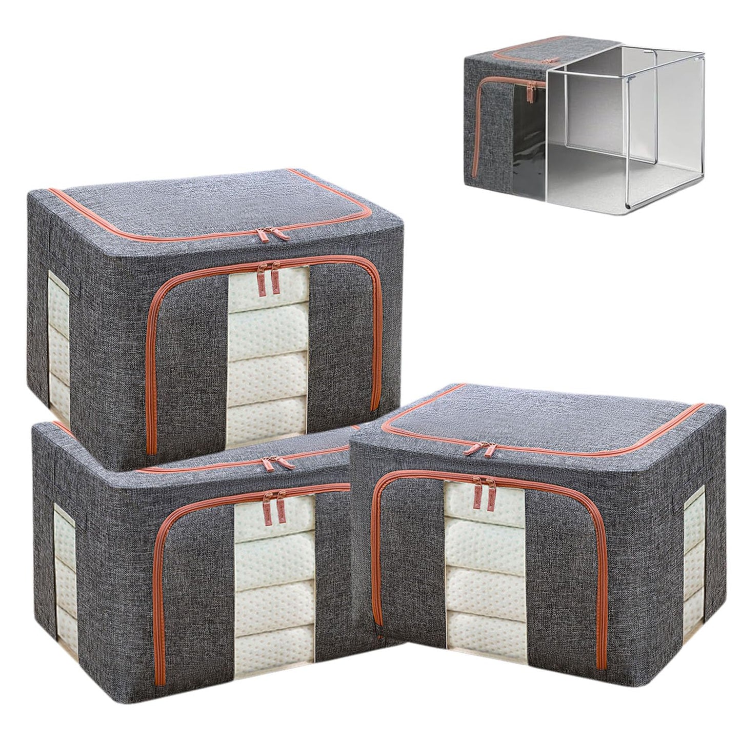 24L Clothes Storage Boxes,Stackable Cube Wardrobe Storage Organiser,Collapsible Storage With Metal Frame,Storage Bags With Zips Clear Window & Carry
