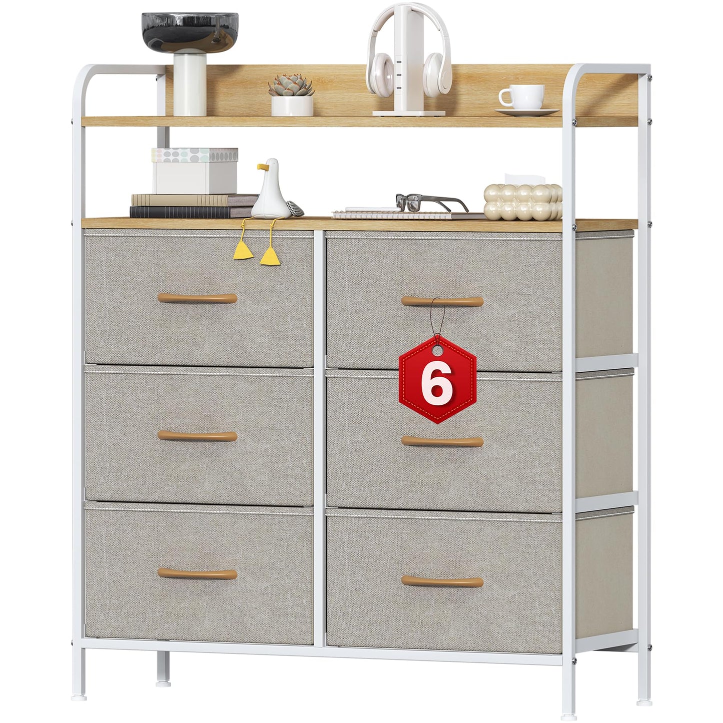 Feonase 6 Drawer Fabric Chest Of Drawers, Double Wooden Top Fabric Storage Tower - Sturdy Steel Frame Dresser for Bedroom/Living Room/Baby Room