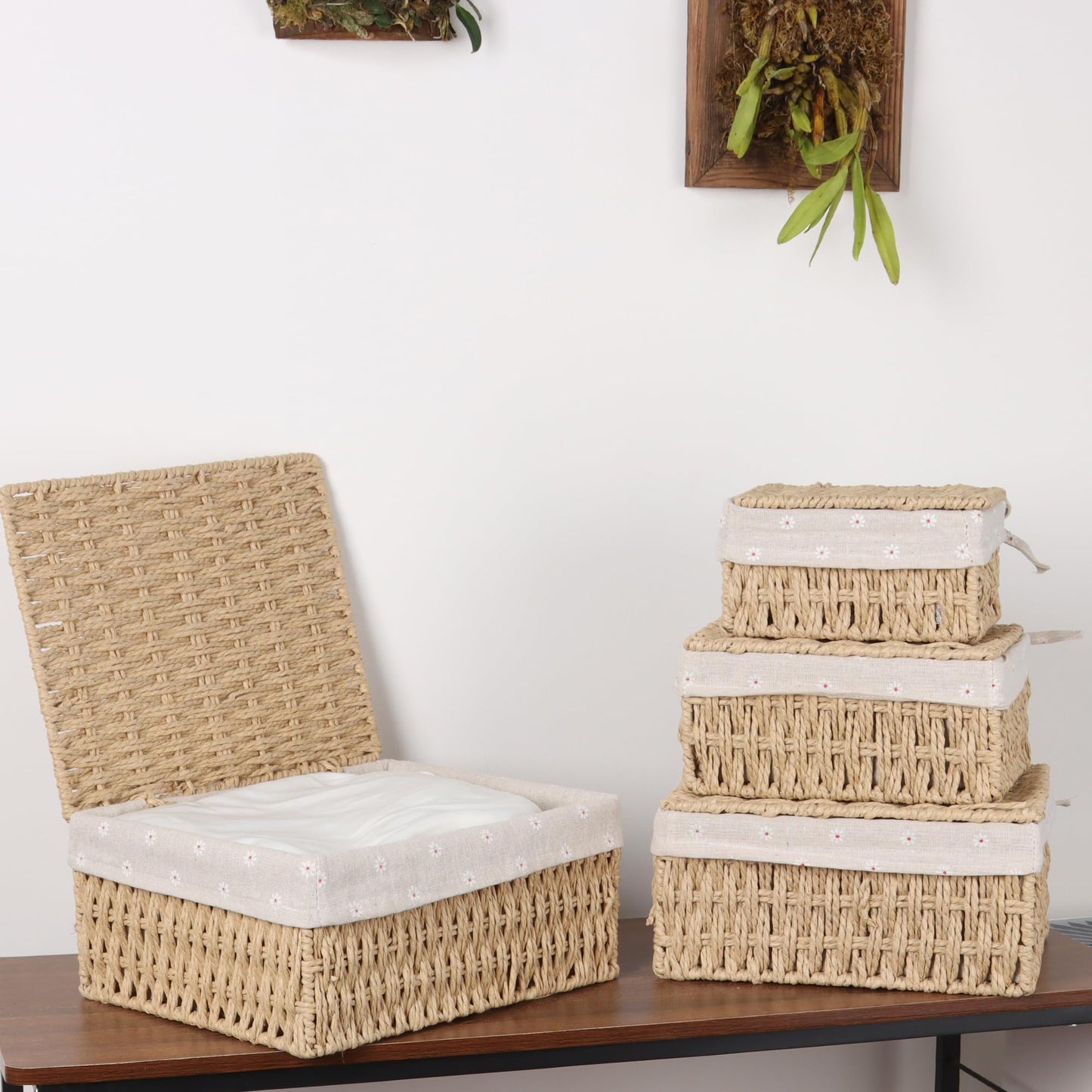 FEILANDUO Wicker Shelf Baskets Bin with Lid, Handwoven Paper Rope Baskets for Organizing, Rectangular Basket for Storage