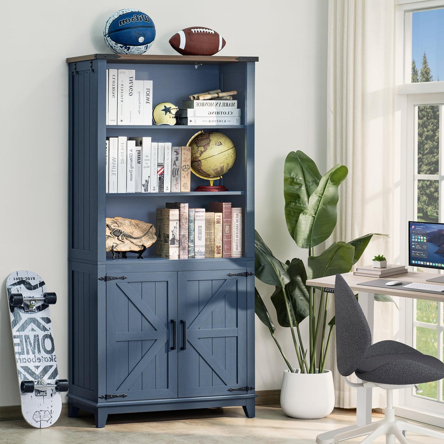 LELELINKY 70in Tall Bookshelf 5 Tier Bookcase with Barn Doors and Adjustable Shelves, Blue Farmhouse Book Shelf with Storage Cabinet