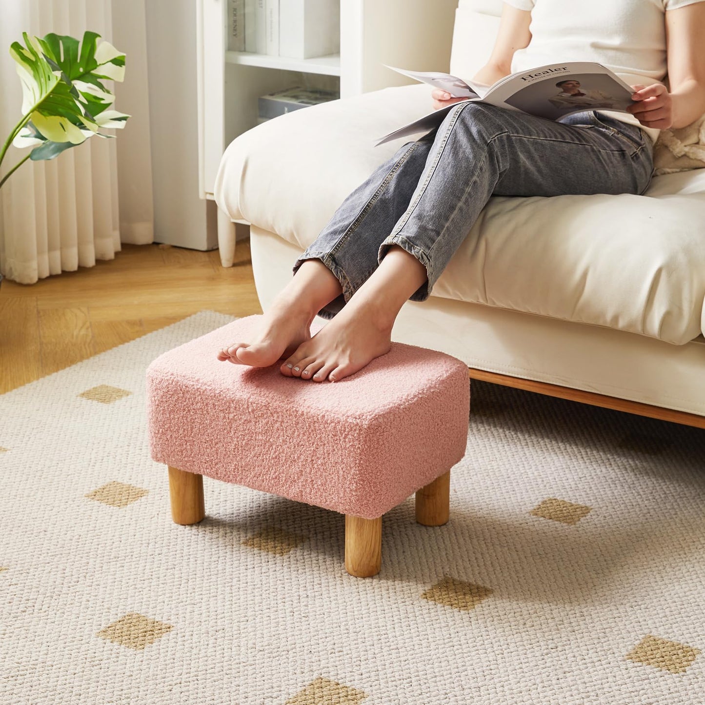YMYNY Footstool, Rectangle Pouf Ottoman with Stable Wooden Legs, for Couch, Desk, Modern Soft Padded Seat, Change Shoes Stool for Living Room