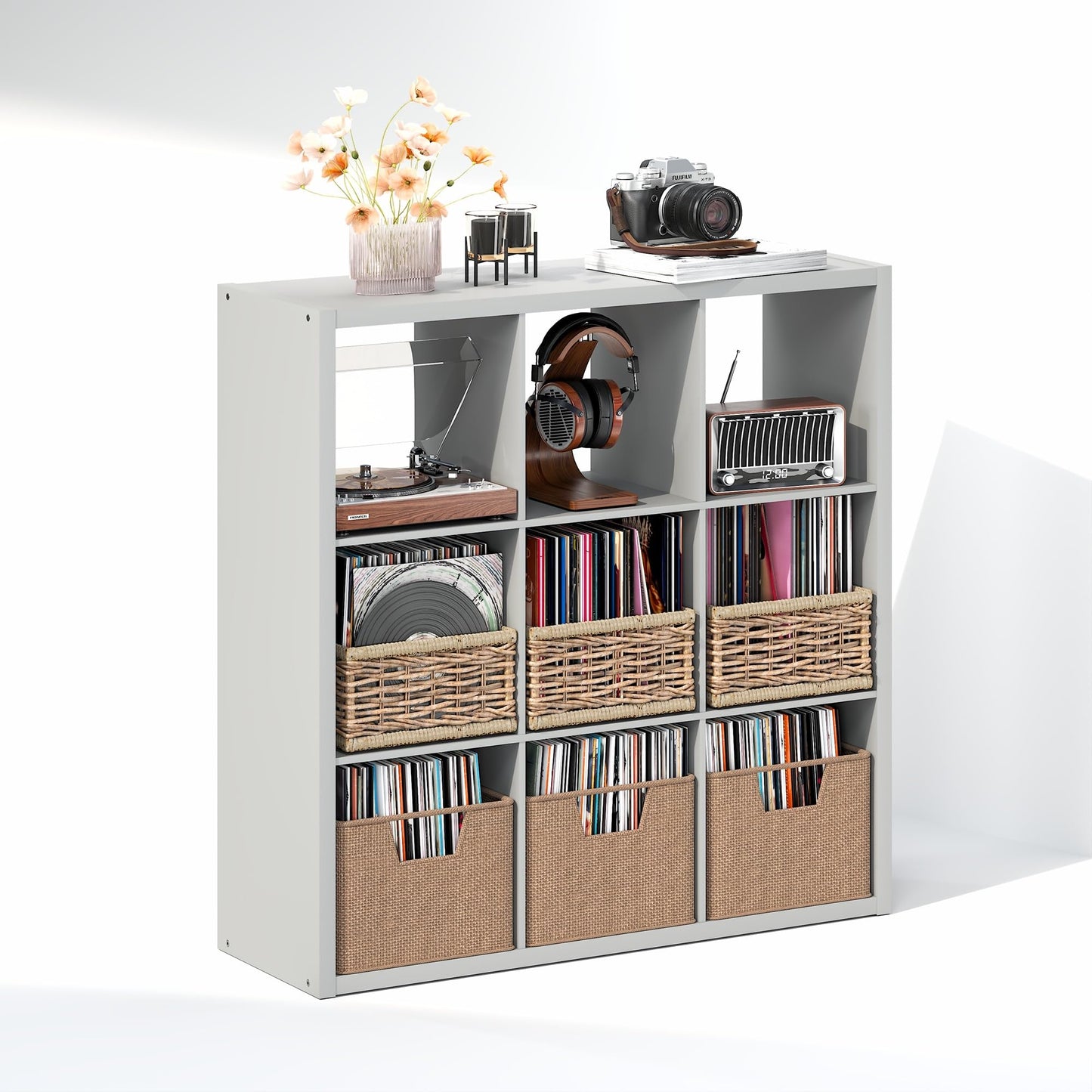 Furinno CUBICLE Record Player Stand with Vinyl Storage, 9-Cube 1.2 Extra Thick Vinyl Record Storage
