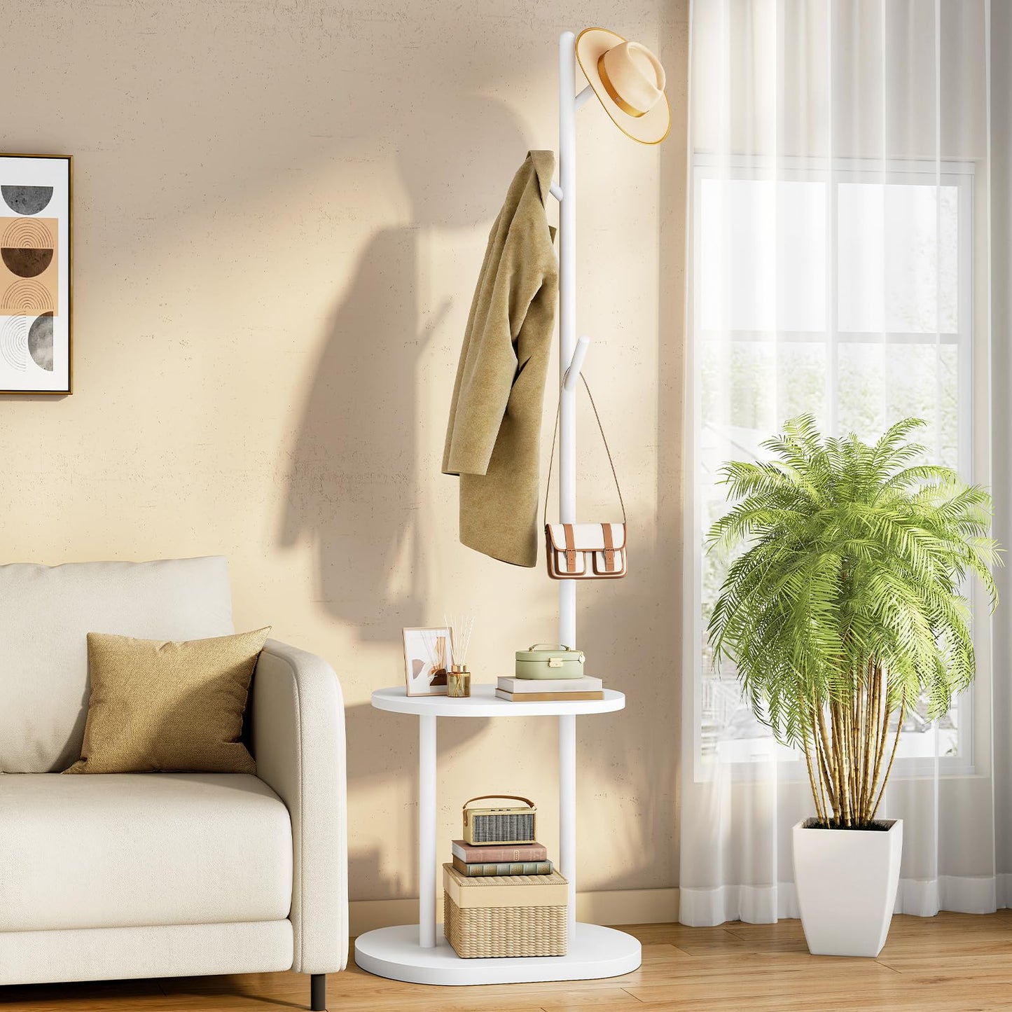 HOOBRO Coat Stand, Freestanding Coat Rack with 2 Shelves and 4 Hooks, Coat Stands for Hallway, Hall Tree Clothes Rail with Thickened Base