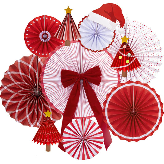 Reusable Christmas Decorations Ceiling Christmas Paper Decorations Red Hanging Paper Fans Bow Christmas Tree with Star Tree Topper for Xmas Holiday