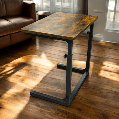 Tinymod C-Shaped Sofa Side Table for Couch & Bed, Height Adjustable Laptop Table, Rustic Brown
