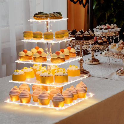 weddingwish 5 Tier Acrylic Cupcake Stand with LED Light, Clear Cupcake Stand for 50 Cupcakes, Cupcake Holder Tower Dessert Table Display Set for