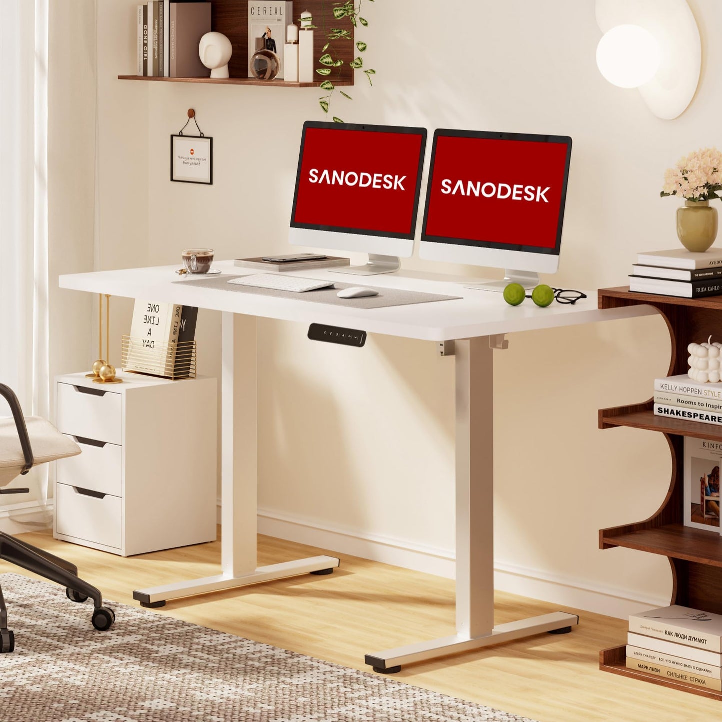 SANODESK 120 x 60cm Electric Standing Desk ONE PIECE Height Adjustable Desk with Cable Management Tray Sit Stand Desk for Office, White