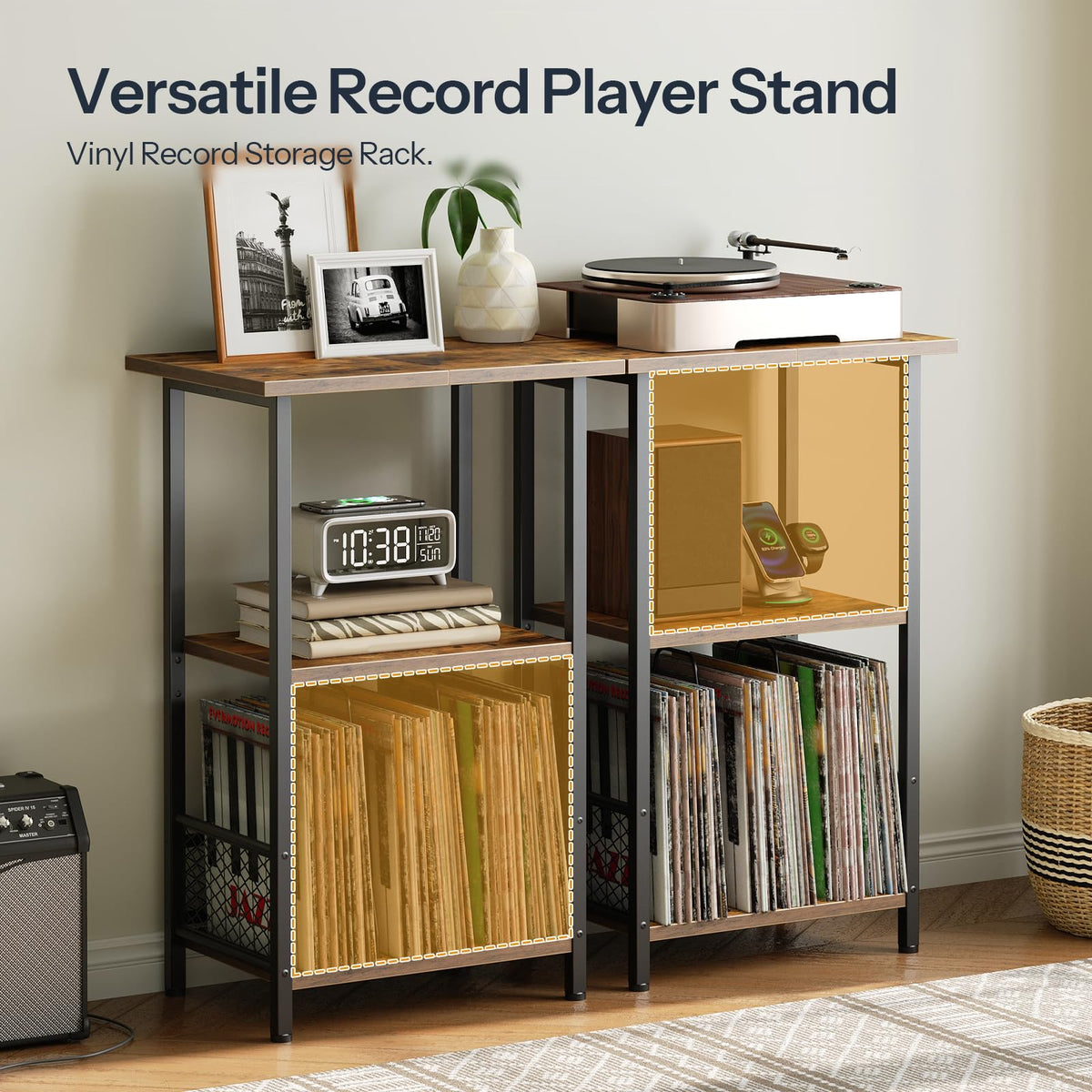 HOOBRO Record Player Stand, Turntable Stand up to 100 Albums, 3-Tier Album Vinyl Record Storage Rack with Dividers, End Table, for Living Room