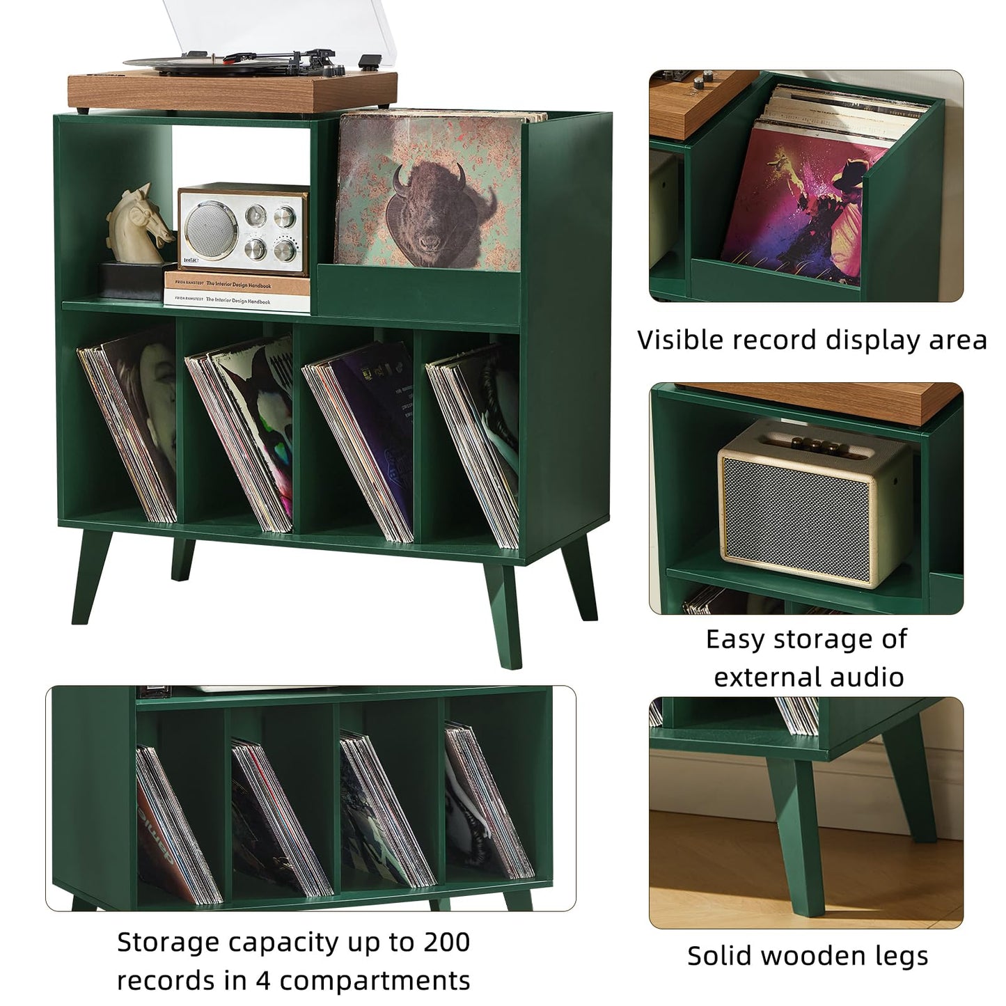 LELELINKY Large Record Stand With Storage and Shelf - Vinyl Holder With Presentation Surface for Up to 300 Albums - Music Room and Living Room
