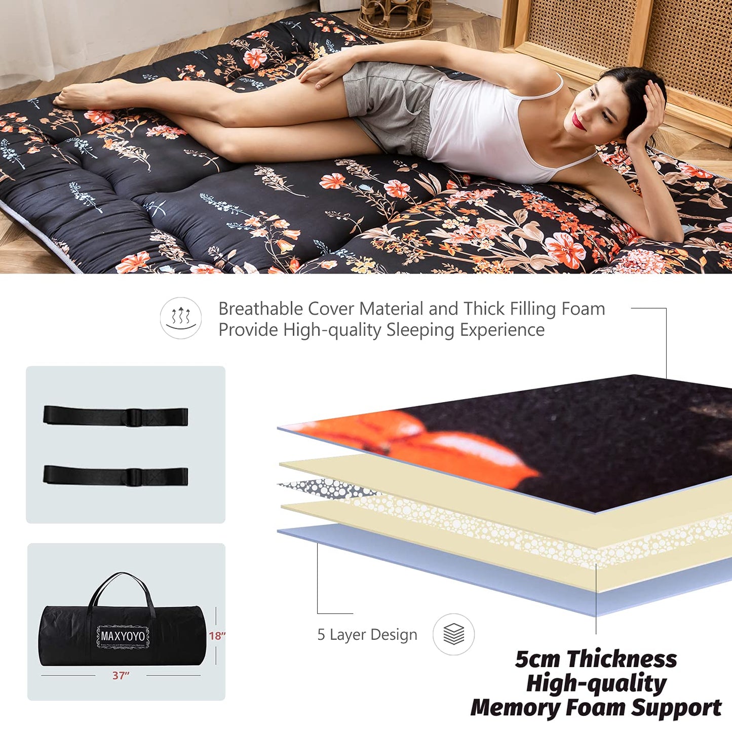 MAXYOYO Japanese Floor Futon Mattress, Thicken Tatami Mat Sleeping Pad Foldable Roll Up Mattress Dormitory Mattress Pad Floor Lounger Pillow Bed