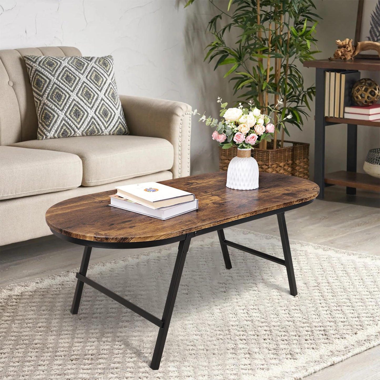 FEUFOAM Folding Coffee Table for Living Room Industrial Brown Small Low Table Wooden Foldable Coffee Tables Oval Floor Desk Tables for Small Spaces