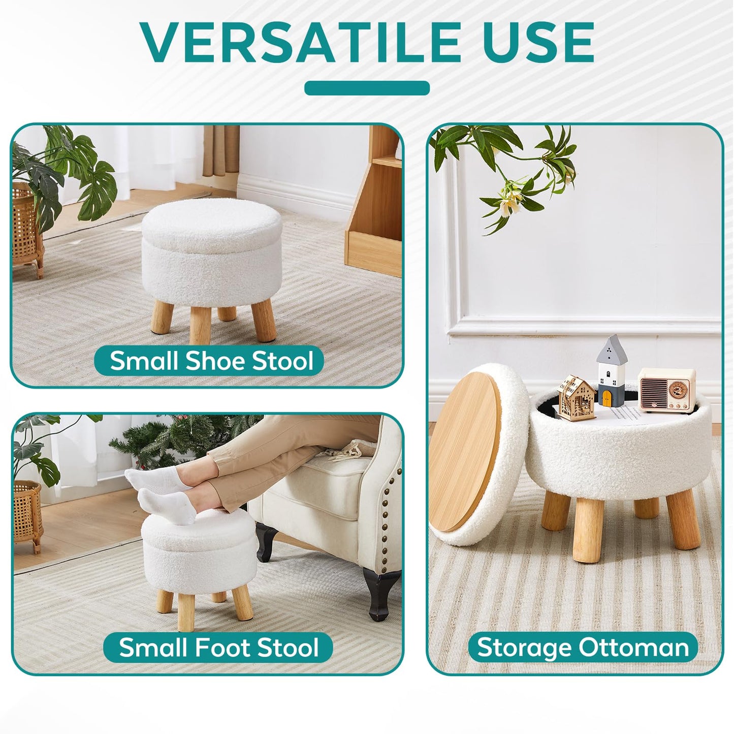 BRIAN & DANY Footstool with Storage, Small Storage Ottoman, Teddy Fleece Round Stool with Lid, Sherpa Foot Stool with Legs for Living Room Entryway