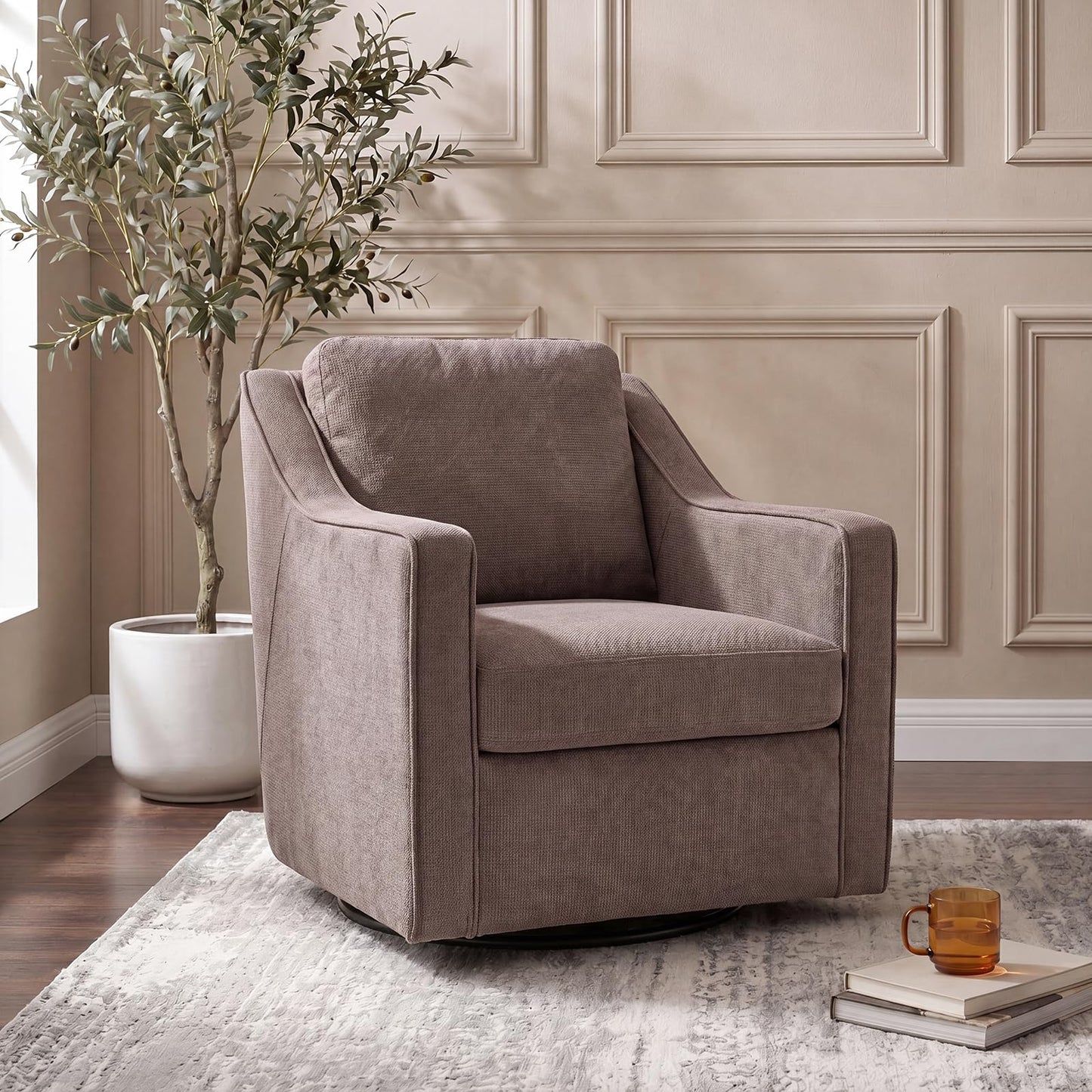 Swivel Armchair for Living Room, 360° Rotating Living Room Chair, Linen Fabric Accent Chair with Removable Seat Cushion & Pillow