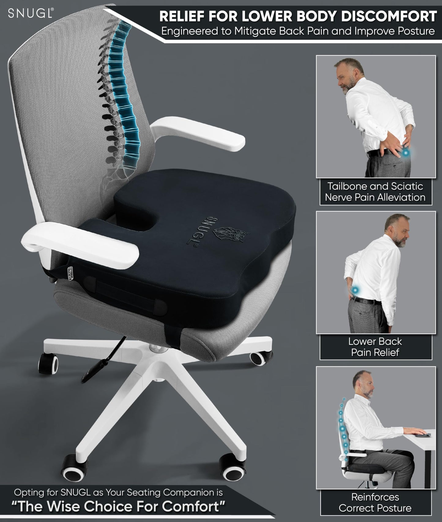 SNUGL Coccyx Cushion | Thick Memory Foam Seat Cushion for Office, Car, Wheelchair & Gaming Chair | Orthopedic Support Pillow for Tailbone, Sciatica,