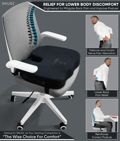 SNUGL Coccyx Cushion | Thick Memory Foam Seat Cushion for Office, Car, Wheelchair & Gaming Chair | Orthopedic Support Pillow for Tailbone, Sciatica,