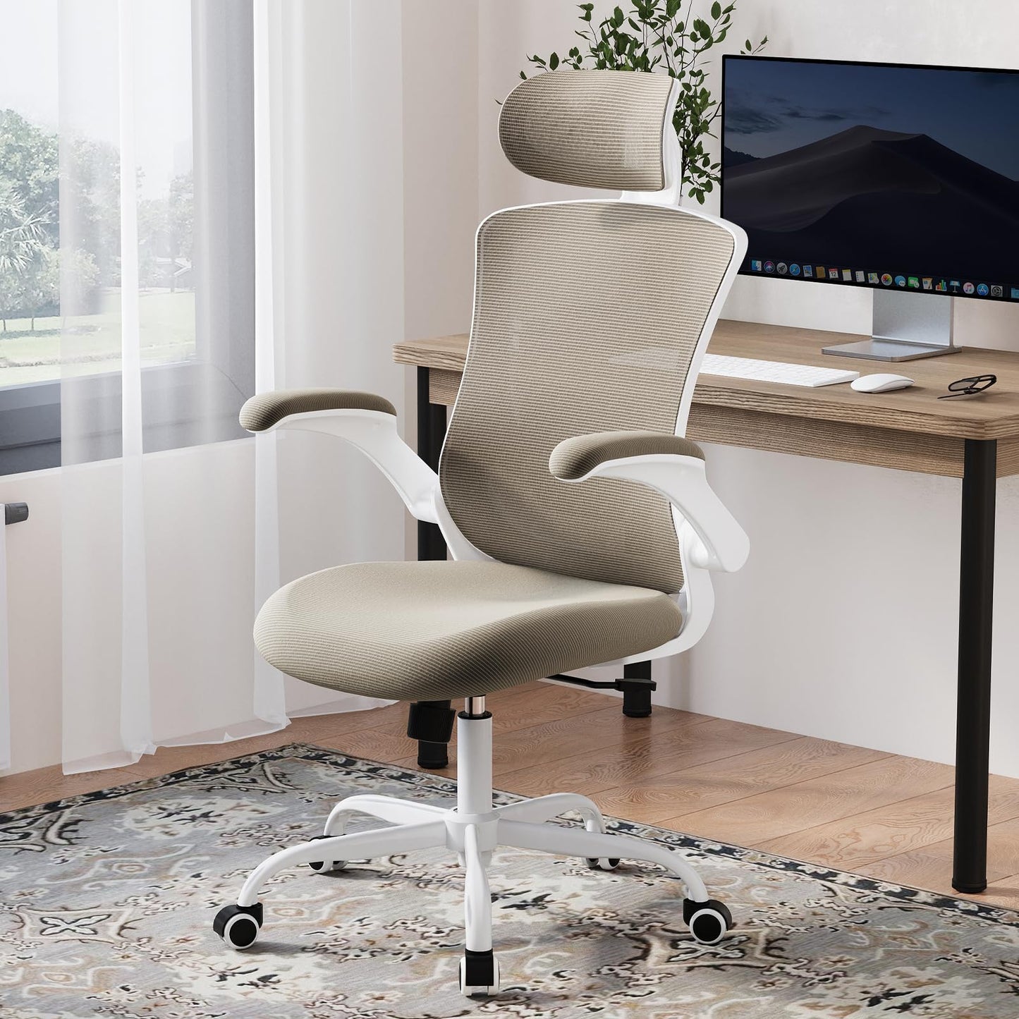 COLAMY Ergonomic Office Chair with Lumbar Support, Mesh Desk Chair with Adjustable Headrest, Computer Chair with Flip-up Armrest