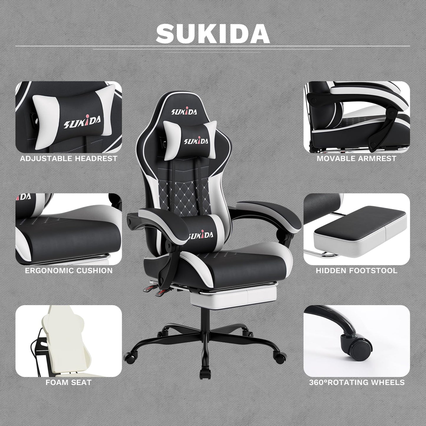 SUKIDA Gaming Chair, Ergonomic Computer Chairs with Footrest, Comfy Office Chair with Headrest, Massage Gaming Chair for Adult