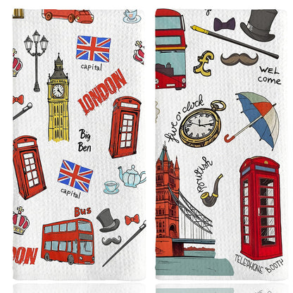 Nodrex 2 Pcs London Tea Towel Set, Soft Microfiber London Tea Towels, British Themed Tea Towels for Kitchen and Home, London Souvenir Tea Towels Gift