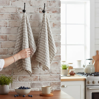 Eight Owls Stonewashed Linen Kitchen Dish Towels – 50 x 68 cm – 100% Pure Linen Tea Towel/Hand Towel - set of 2 Natural Check