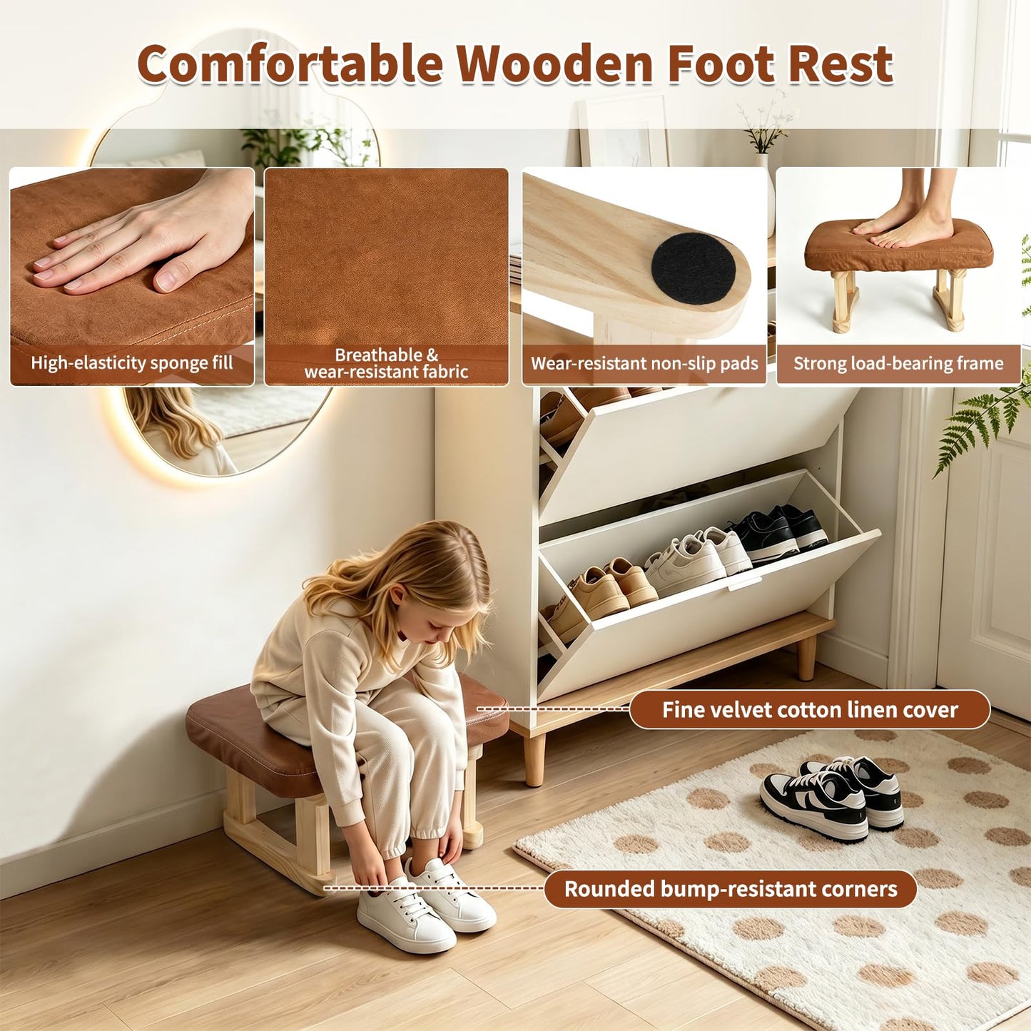 Margolongte Foot Stool, Pouffe Footstool with Removable Cover, Linen Fabric Small Footstool with Cushion