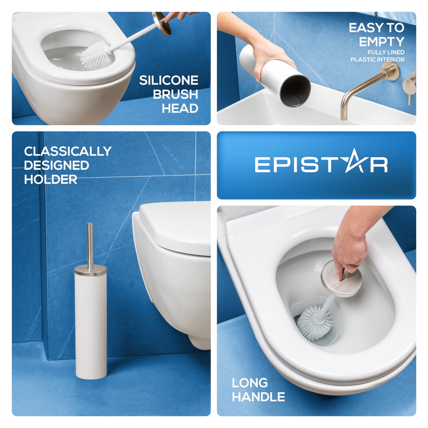 EPISTAR Silicone Toilet Brush & Holder Set - Stainless Steel - Replacement Heads Available - 45cm Tall - Toilet Brush Silicone with Long Handle