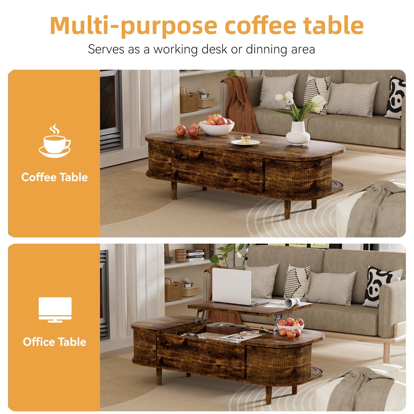 PURFINO Coffee Table with Lift Top - Wooden Modern Centre Table with Unique Textured & Hidden Storage, for Living Room, Bedroom, Small Space