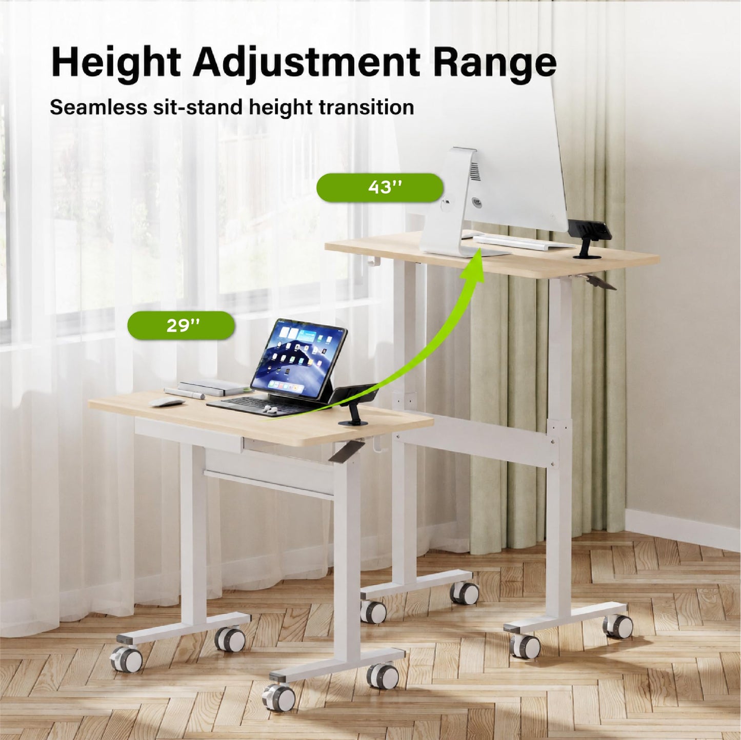 Mobile Standing Desk, Pneumatic Height Adjustable Desk, Light wood