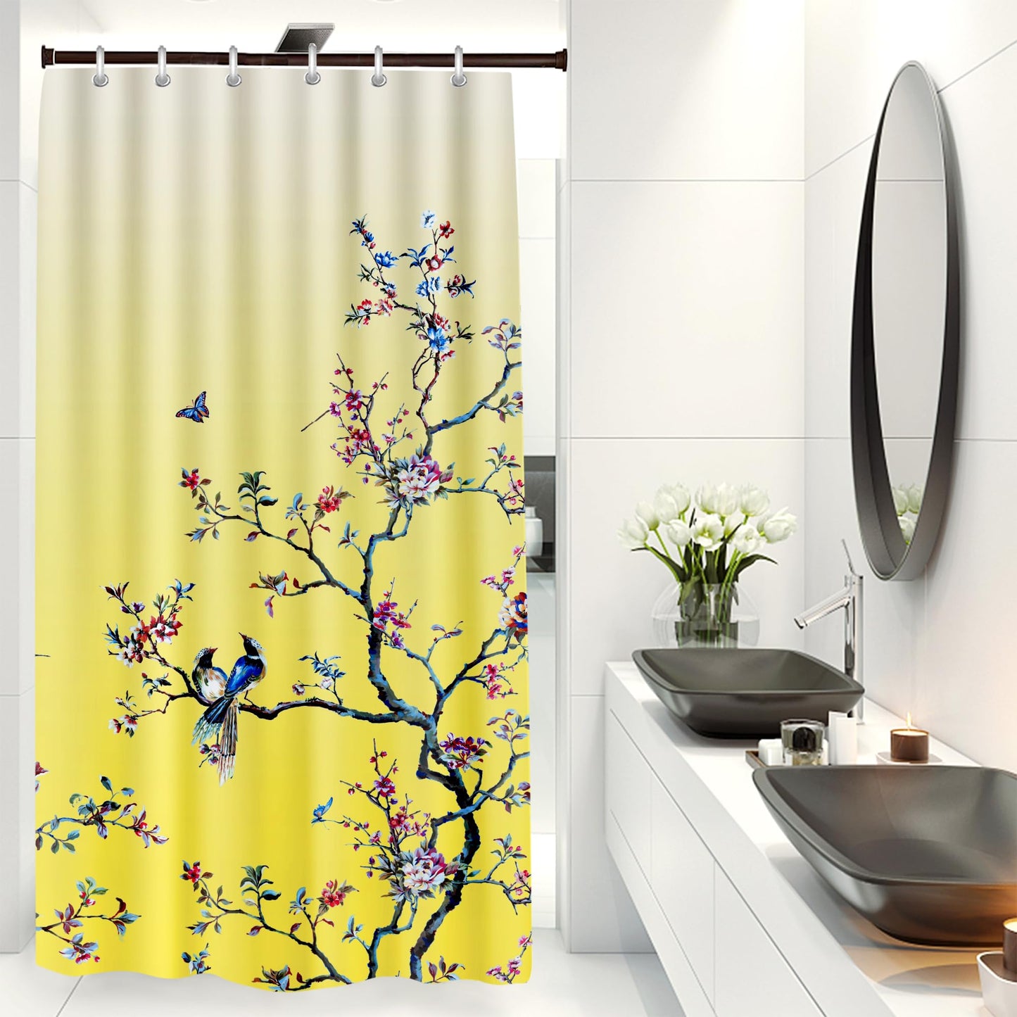 LIVETTY Yellow Bird Floral Shower Curtain 90cm × 180cm Mould Proof Butterfly Fabric Bathroom curtain For Women & Men With 12 Hooks Washable
