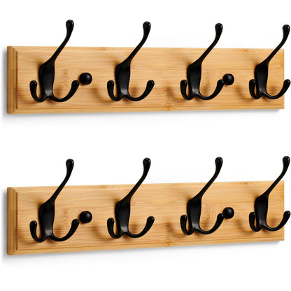 LARHN Wooden Wall-Mounted Coat Rack, 2-Pack - 4 Black Coat Hooks, 42cm